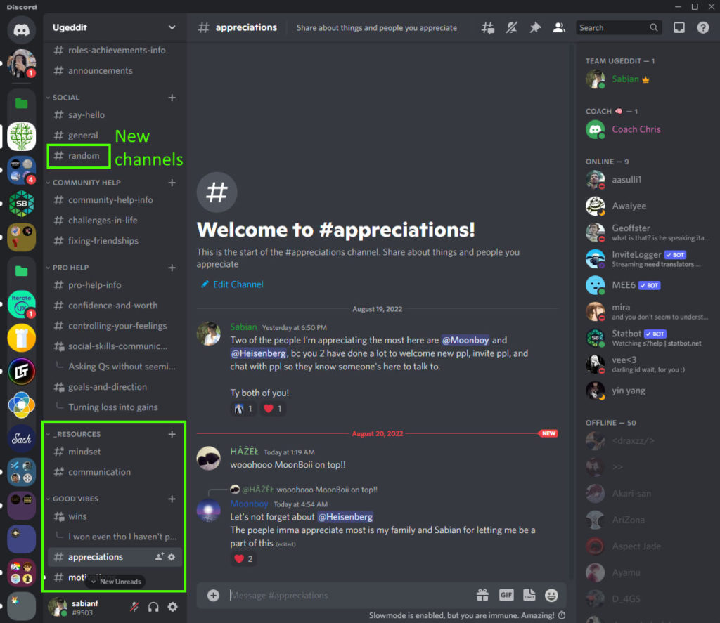 discord server community channels appreciation motivation wins achievements